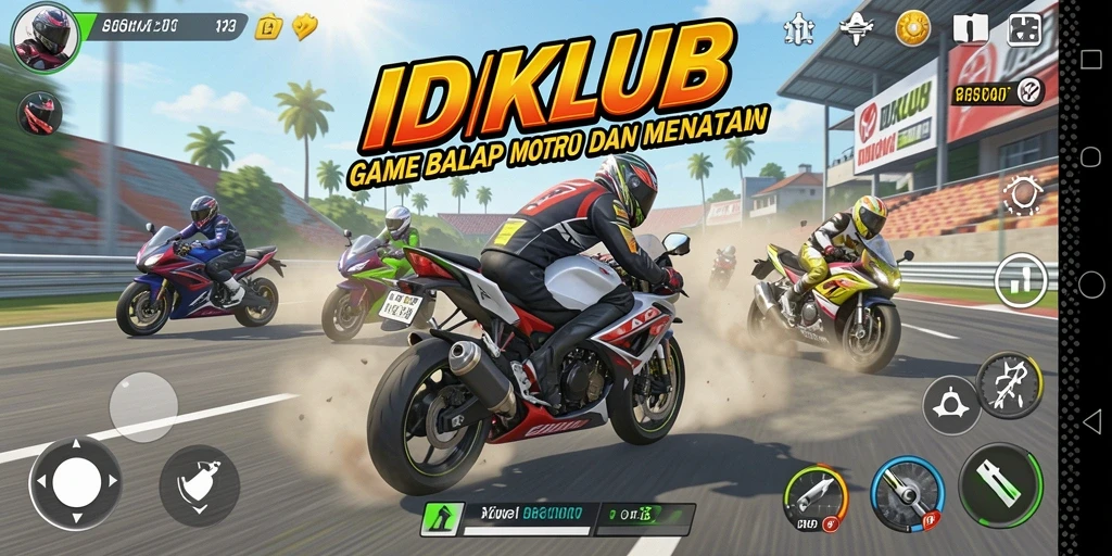 Screenshot gameplay IDKLUB yang menampilkan aksi balap motor yang mendebarkan.