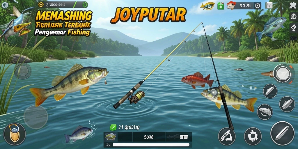 Tampilan gameplay JOYPUTAR menunjukkan keseruan memancing di berbagai lokasi.